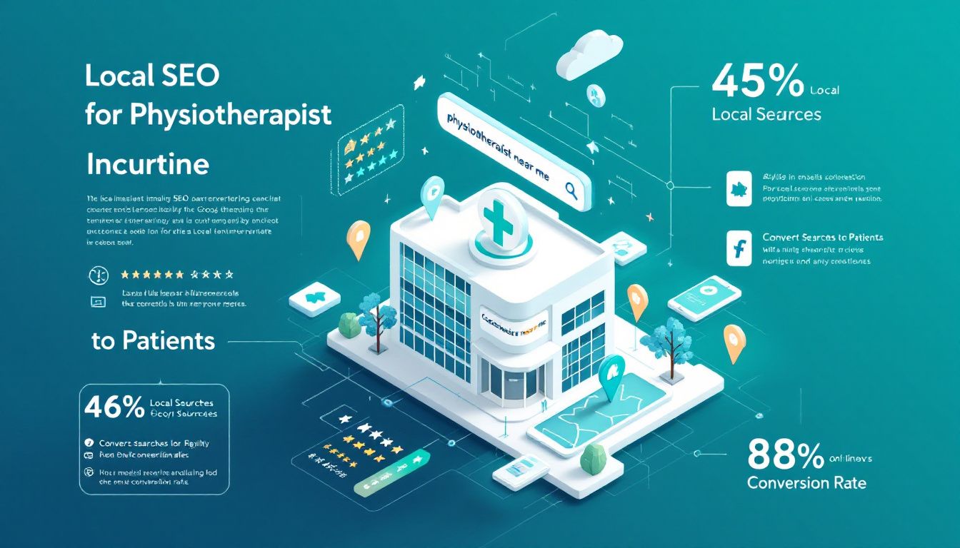 Local SEO visualization for physiotherapy practices featuring interactive map, search elements, and digital marketing components for healthcare visibility