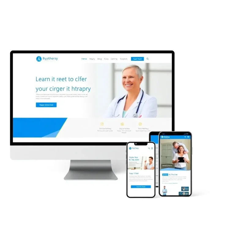 Professional physiotherapy website design with friendly physiotherapist and patient interaction on multiple devices.