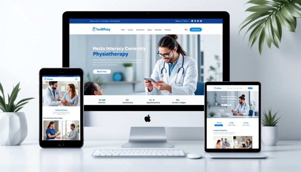 Mockup of a physiotherapy website on desktop, tablet, and smartphone showcasing appointment booking and exercise videos.