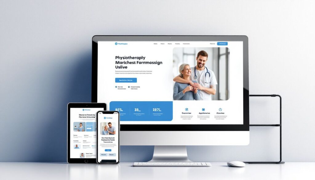 Responsive physiotherapy website layout featuring clear navigation and medical color scheme in blue and white.