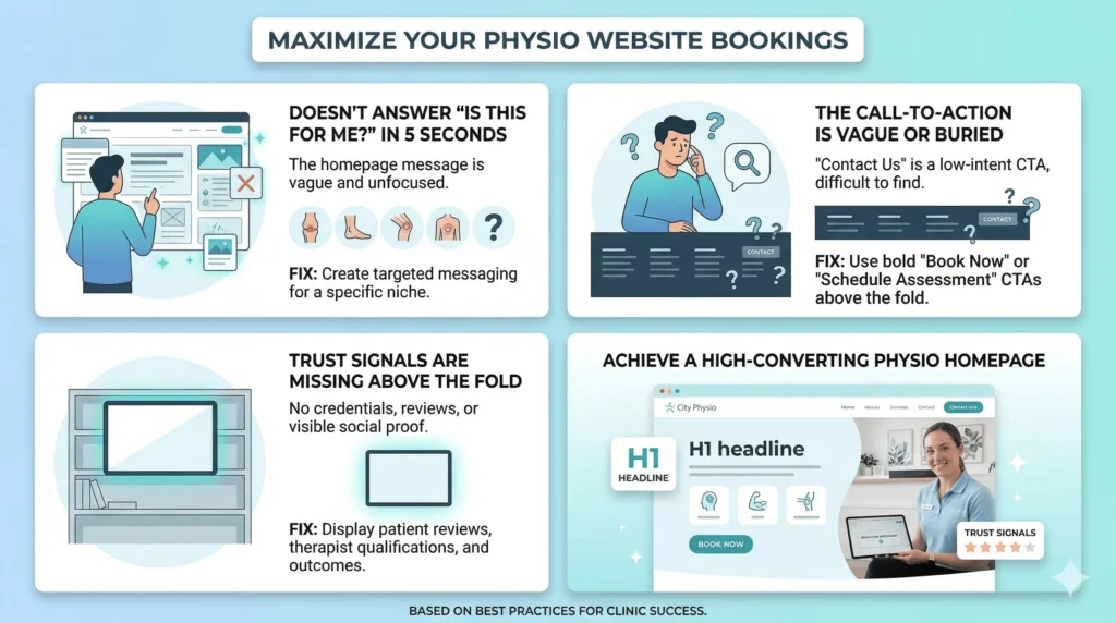 A comprehensive infographic titled "MAXIMIZE YOUR PHYSIO WEBSITE BOOKINGS," comparing bad versus good clinic homepages. It details three critical problems for physiotherapy websites: 1) "Doesn’t Answer 'Is This For Me?' In 5 Seconds" with a fix for targeted messaging. 2) "The Call-to-Action Is Vague or Buried" with a fix for bold 'Book Now' or 'Schedule Assessment' CTAs. 3) "Trust Signals Are Missing Above the Fold" with a fix for displaying patient reviews, therapist qualifications, and outcomes. The final section shows a mockup of a professional, high-converting physio homepage.