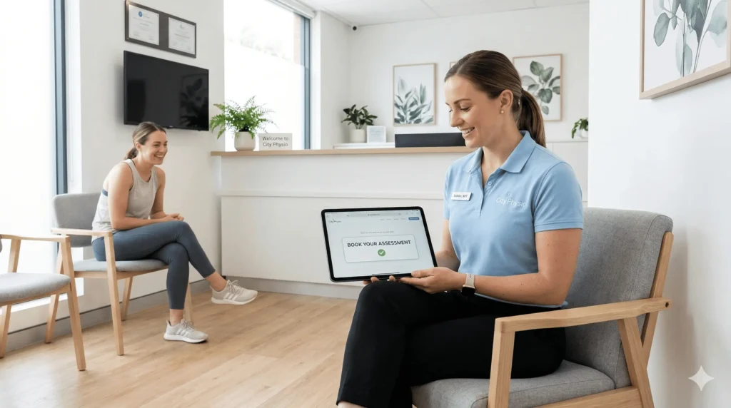 A professional female physiotherapist in a light blue polo shirt sitting in a modern, bright clinic and holding a tablet displaying a "Book Your Assessment" screen. A smiling patient is visible in the background, representing a high-converting physiotherapy website user experience.