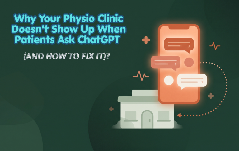 Illustration of a smartphone AI chat bubble connected to a physiotherapy clinic, representing AI search visibility for physio clinics