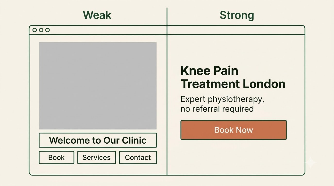 Weak physiotherapy website hero with a large photo and three competing buttons, next to a strong hero with one headline and one booking button