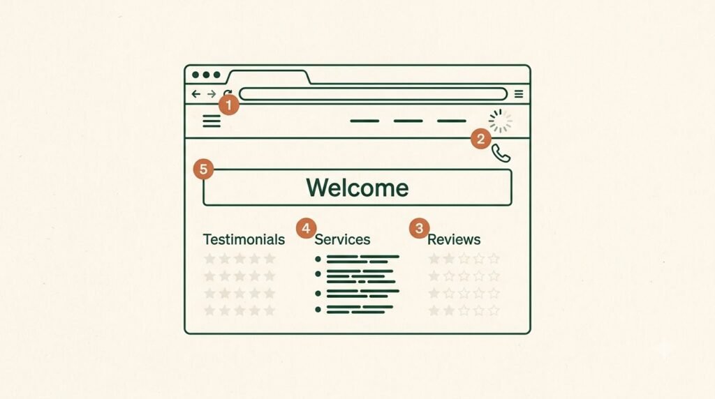 Physiotherapy clinic homepage marked with common website mistakes: a hidden booking button, slow mobile loading, empty reviews, a generic services list, and a vague welcome headline