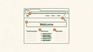 Physiotherapy clinic homepage marked with common website mistakes: a hidden booking button, slow mobile loading, empty reviews, a generic services list, and a vague welcome headline