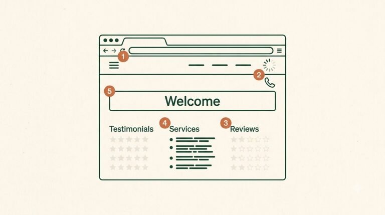 Physiotherapy clinic homepage marked with common website mistakes: a hidden booking button, slow mobile loading, empty reviews, a generic services list, and a vague welcome headline