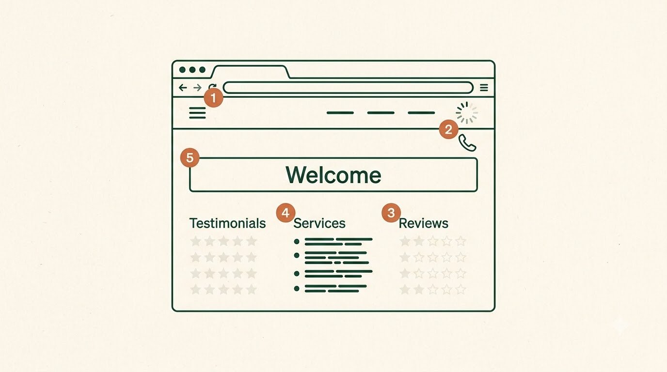 Physiotherapy clinic homepage marked with common website mistakes: a hidden booking button, slow mobile loading, empty reviews, a generic services list, and a vague welcome headline