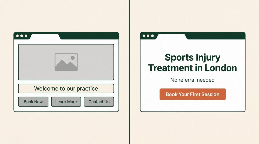 Comparison of a cluttered physiotherapy website layout beside a clear one with a single booking button