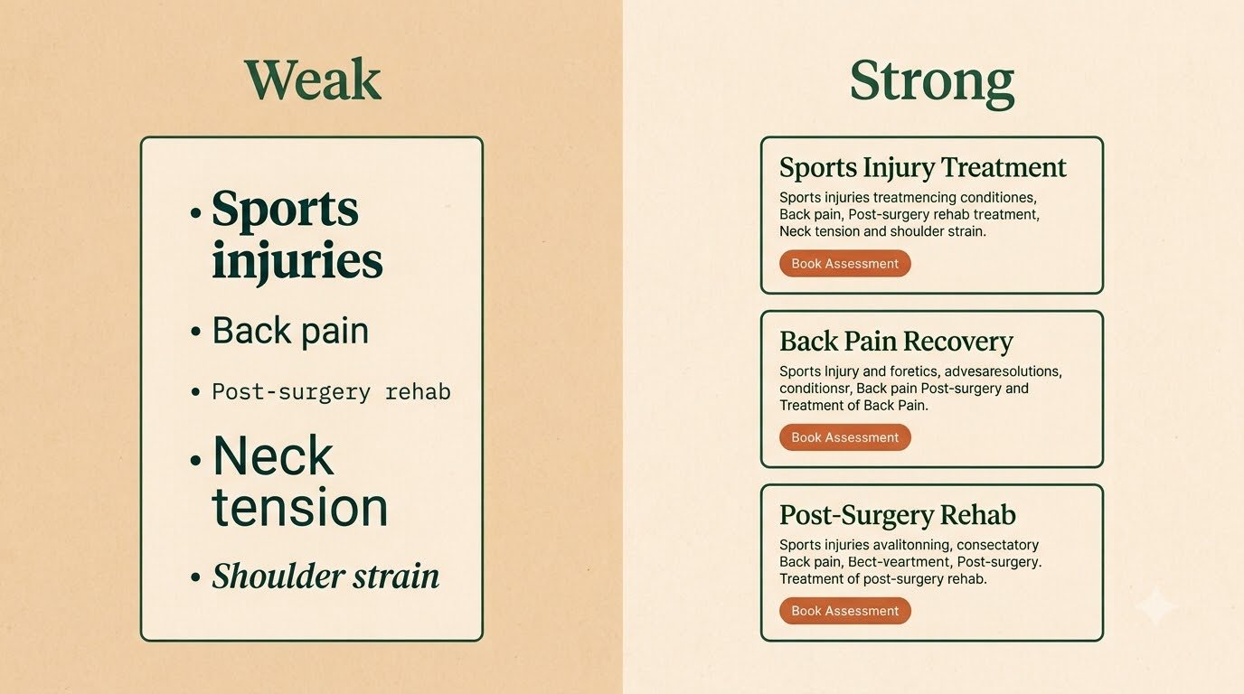 A single generic services list compared with three individual physiotherapy service pages, each with its own booking action
