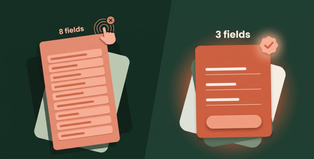 Side by side comparison of an 8 field form versus a 3 field form, showing how fewer fields improve mobile booking