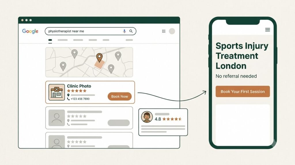 Patient journey from Google search results showing physiotherapy clinic in map listing with 5-star reviews to a clinic website booking button