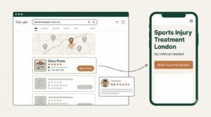 Patient journey from Google search results showing physiotherapy clinic in map listing with 5-star reviews to a clinic website booking button