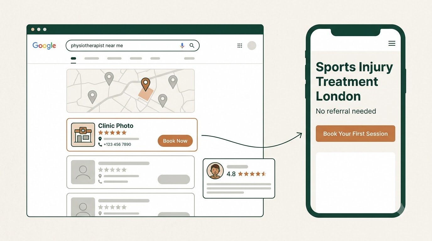 Patient journey from Google search results showing physiotherapy clinic in map listing with 5-star reviews to a clinic website booking button