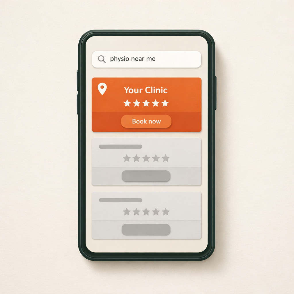A patient's phone showing a search for physio near me, with Your Clinic winning the top result in orange with five stars and a Book now button, while two competitor clinics sit greyed out below
