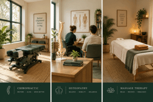 website for therapists, Chiropractic, osteopathy and massage therapy treatment rooms side by side in a UK multidisciplinary clinic